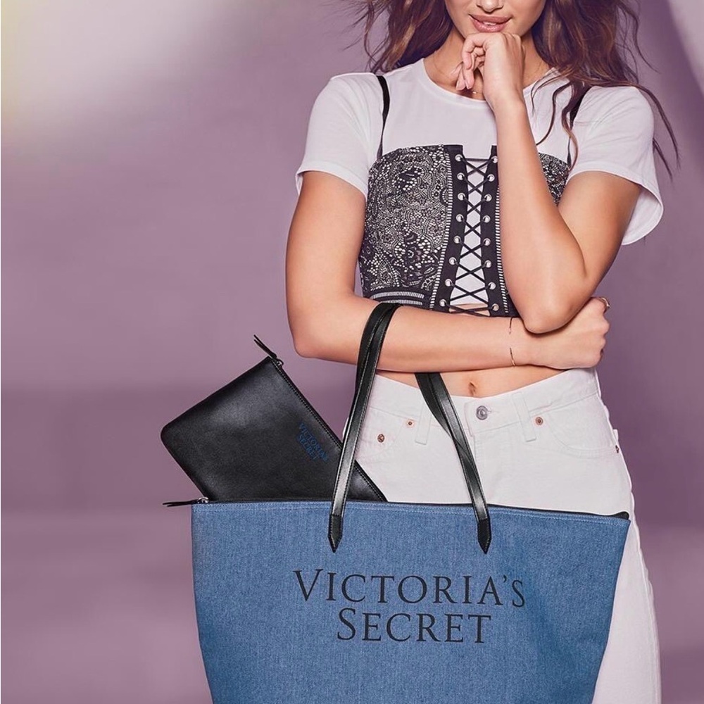 Victoria’s Secret Denim Tote & Pouch Set NWT Large Travel Bag NEW